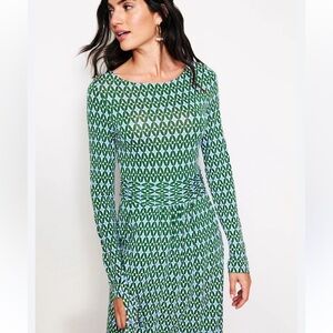 Boden Amélie geometric pine green blue white print scoop neck midi dress Sz 12